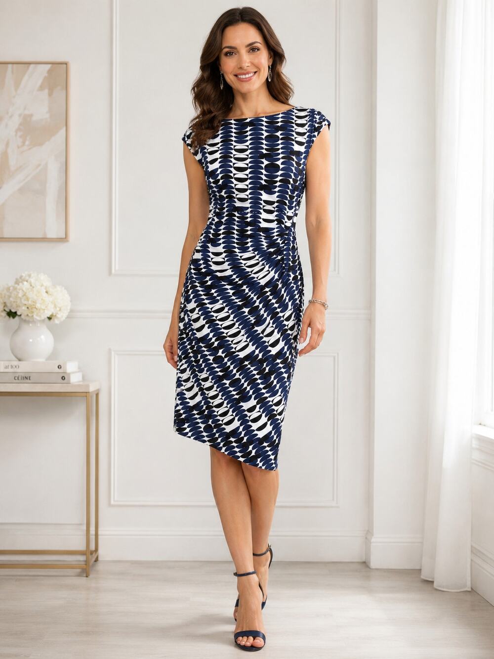 American Living Sleeveless Geometric Dress Blue Black White Size 16